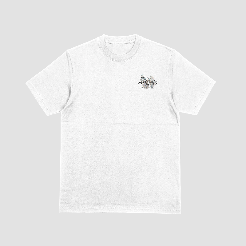 The Angels Tee in optic white, front view, with the chrome wing printed small at the chest